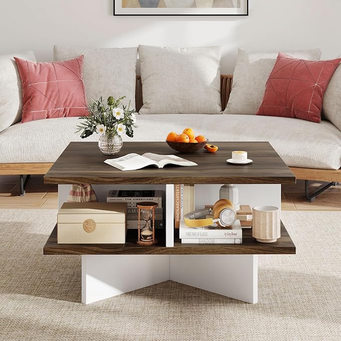 Giantex Square Coffee Table, Mid Century Modern Center Table with 4 Storage Compartments & Cross-Shape Base, 24 Inch Farmhouse Coffee Tables for Living Room (Walnut)