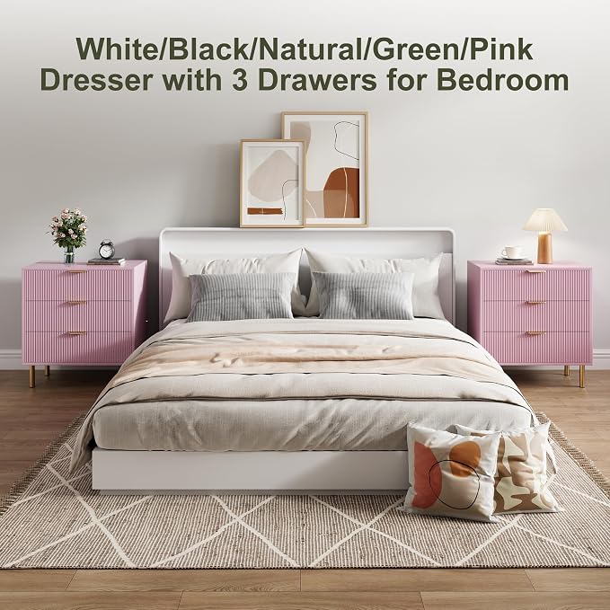 GarveeHome Pink Dresser, Modern 3 Drawer Dresser for Bedroom with Gold Handle and Large Drawer, Wood Double Chest of Drawers and Storage Organizer for Living Room, Hallway, Entryway - Image 3