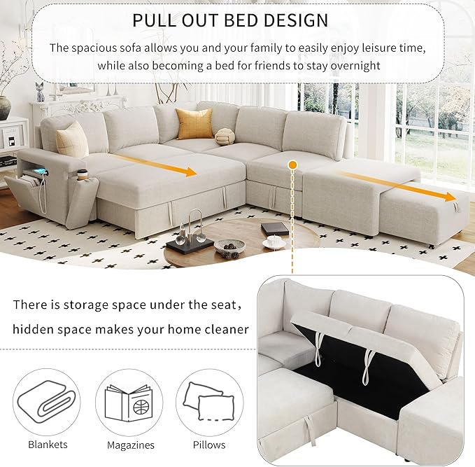 Ball & Cast 90.6" Convertible Sectional Couches Fabric Sofa Set with Pull Out Bed,L-Shaped Modular Padded Cloud w/Storage Space and USB Ports & Cup Holders on The Armrests,for Living Room,Beige