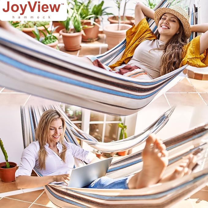JoyView Brazilian Hammock for Single Preson Portable Hammock with Hanging Ropes & Carry Bag Large 78.8x39.4” for Patio 300LBS Capacity Perfect for Outdoor/Indoor - Red Stripe - Image 5