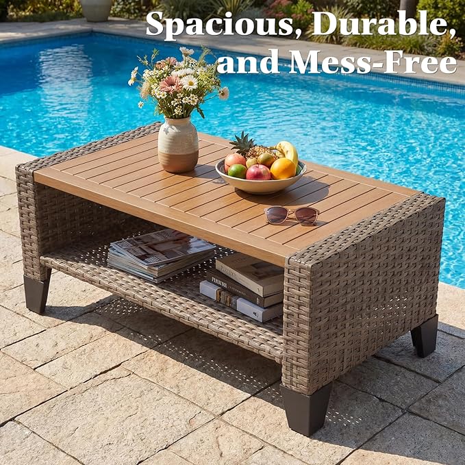 MELLCOM 8 Piece Patio Furniture Set, Wicker Patio Conversation Set with Swivel Glider, Loveseat Sofa, 3 Seat Sofa, 2 Ottomans, Side Table and Coffee Table for Deck Backyard - Brown Wicker Grey Cushion