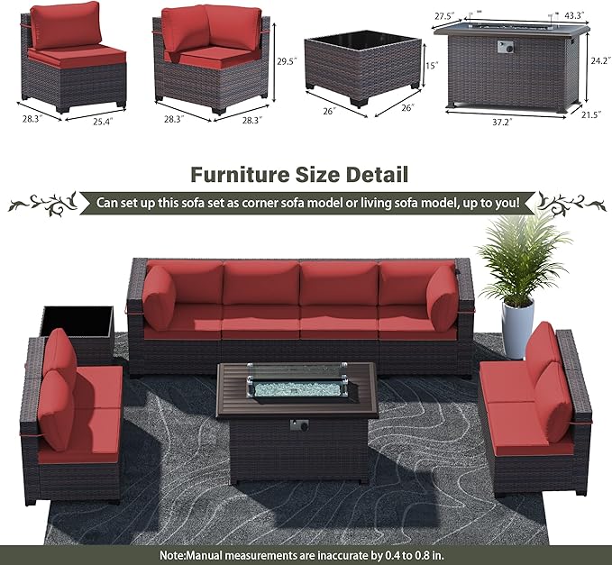 10 Pieces Outdoor Patio Furniture Set,Outdoor Sectional Furniture with 43" 55000 BTU Gas Propane Fire Pit Table,All Weather PE Rattan Wicker Patio Conversation Set,Red