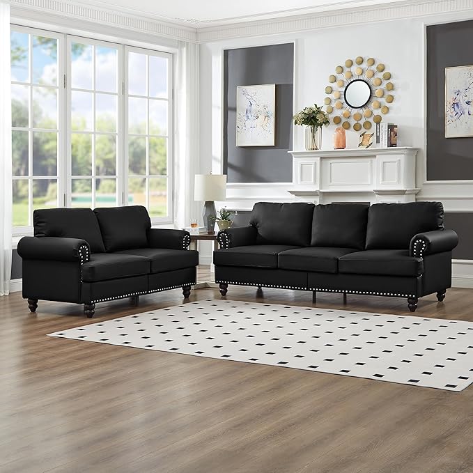 2 Pieses Living Room Sofa Sets Faux Leather Couch and Loveseat with Nailhead Decor, Soild Wood Legs, Rolled Armrests & Storage ,2PCS Sofas 3 Seaters Couch and Love Seat for Living Room Furniture Sets