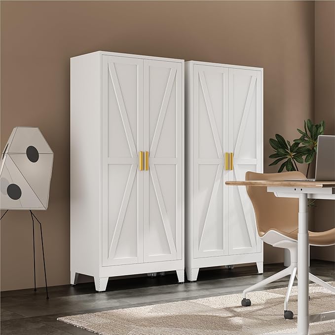 Metal Wardrobe Closet with Doors and Shelves, 71" Farmhouse Bedroom Armoire with Hanger Rod and Clothing Shelf, White Steel Wardrobe Cabinet Storage Clothes Closet
