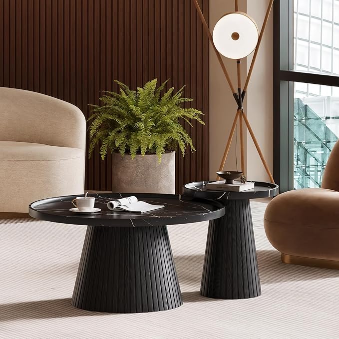 win2win Nesting Coffee Table Set of 2, Modern Coffee Table with Marble Veneer, Fluted Round Tea Table and End Table Set, Minimalist Center Tables for Living Room, Office, Black