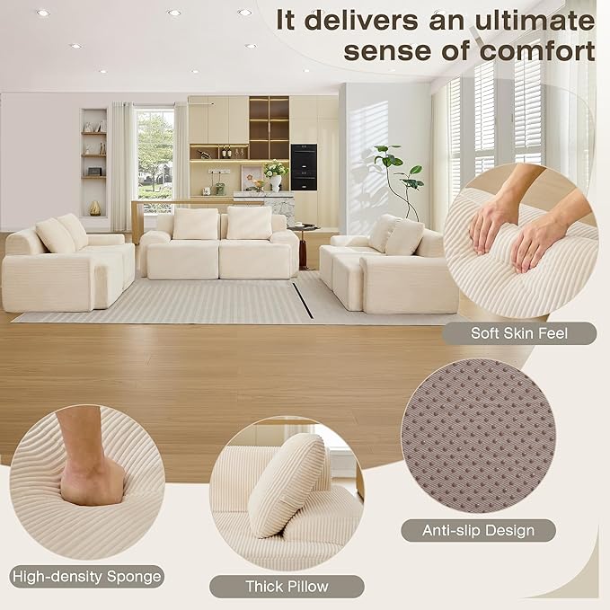 Modular Sectional Sofa, 6 Seat Modular Couch, Modular Sofa with Deep Seat and Detachable Pillow (White, 6 Pieces-Rowshape 3 Side)