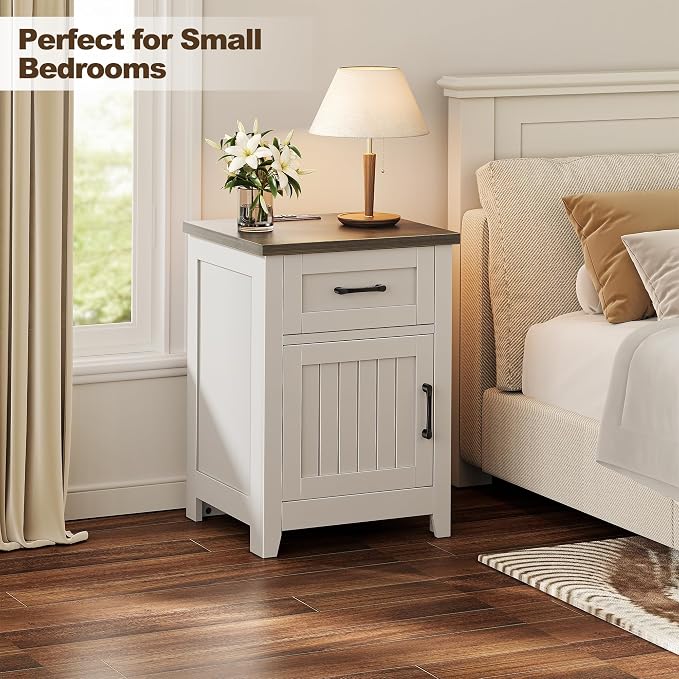 Decofy Farmhouse Nightstand with Charging Station, Set of 2 Modern End Tables with Large Storage & One Drawers, Outlets, USB Ports & Type-C Ports, Wood Rustic Nightstands for Bedroom (White + Walnut) - Image 4