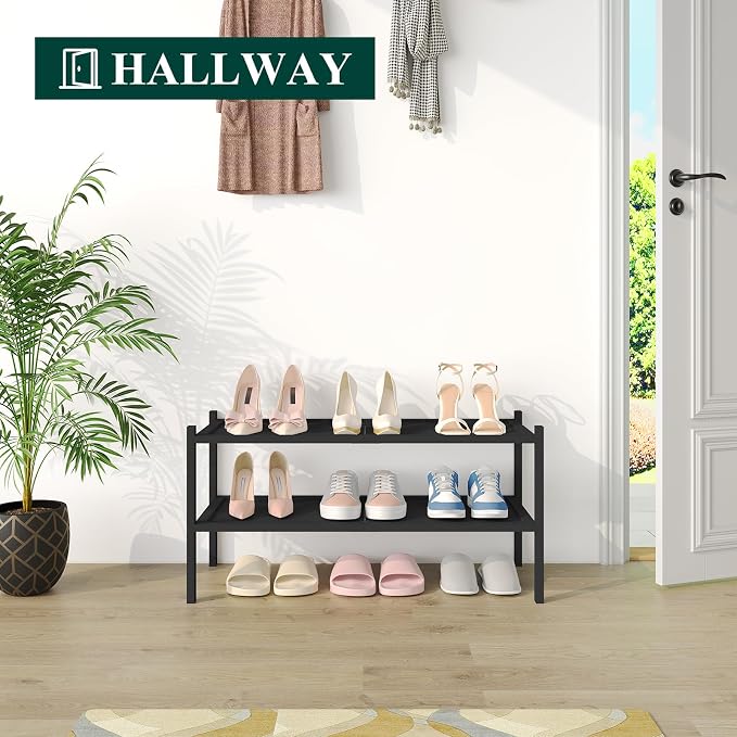 Smiry Bamboo Shoe Rack, 2 Tier Shoe Organizer for Entryway & Closet, Stackable Free Standing Storage Shelf for Shoes, Bags & Plants, Black - Image 4