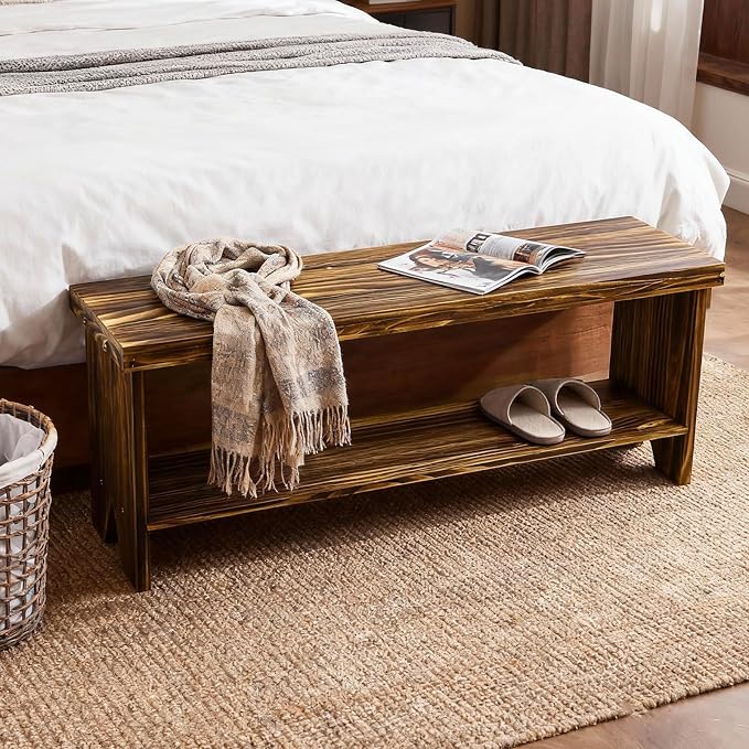 43" Solid Wood Farmhouse Bench, Entryway Bench with Storage Shelf, Vintage Long Rustic Indoor Bench for Bedroom, Entryway, Hallway, Dining - Image 4