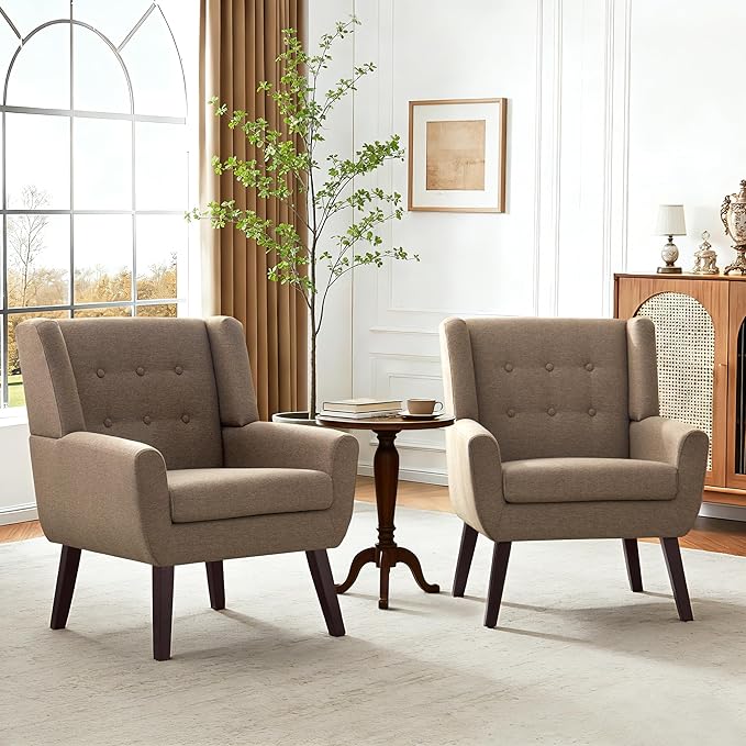 HUIMO Living Room Accent Chair Set of 2, Upholstered Button Tufted Armchair with Wooden Legs, Linen Fabric Sofa Chairs for Bedroom, Living Room, Mid-Century Modern Comfy Reading Chair (2 PCS, Brown)