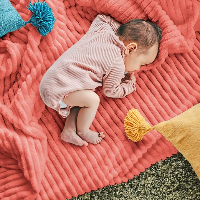 DISSA Fleece Blanket Queen Size – 71x80, Coral - Soft, Plush, Fluffy, Fuzzy, Warm, Cozy – Perfect Throw for Couch, Bed, Sofa - with Pompom Fringe - Flannel Blanket