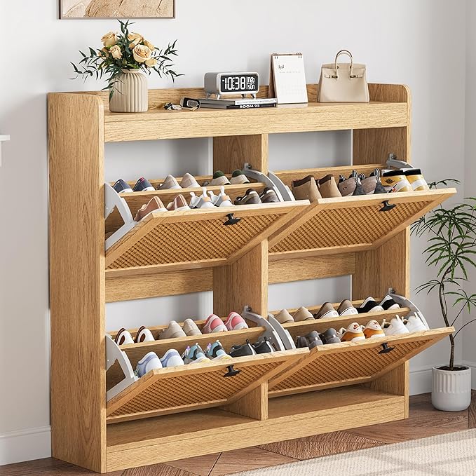 GarveeHome Shoe Cabinet Rattan with 4 Flip Drawers, Wooden Freestanding Shoe Organizer with Adjustable Shelves, Shoe Storage for Entryway, Closet, Hallway by GarveeHome