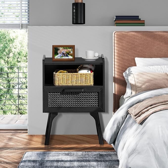 Lerliuo Rattan Nightstands Set of 2, Boho Side Table with Drawer Open Shelf, Cane Accent Bedside End Table with Solid Wood Legs for Bedroom, Dorm and Small Spaces (Black) - Image 8