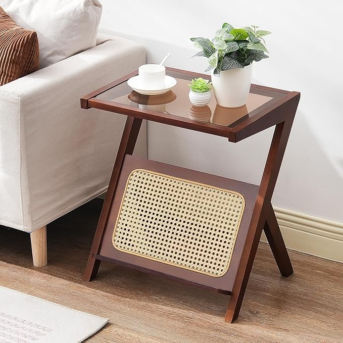 VEVOR Rattan Coffee Table, Z-Shaped Rattan Woven Bamboo Coffee Table with Tempered Glass Top, 20” Modern Boho Storage Table with Natural Bamboo Legs, for Living Room, Bedroom & Small Spaces
