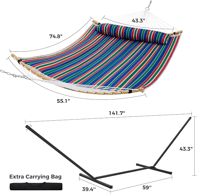 SUPERJARE Curved-Bar Hammock with Stand, 2 Person Heavy Duty Hammock Frame, Detachable Pillow & Portable Carrying Bag, Perfect for Outdoor & Indoor, Retro Blue and Green - Image 8