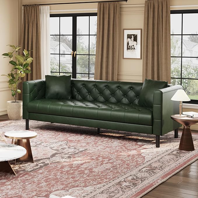IDEALHOUSE 81" Mid-Century Modern Leather Sofa for Living Room, Chesterfield Sofa with Deep Seats and 2 Pillows, 3 Seater Couch with Button Tufted, Leather Couch for Apartment, Office, Green