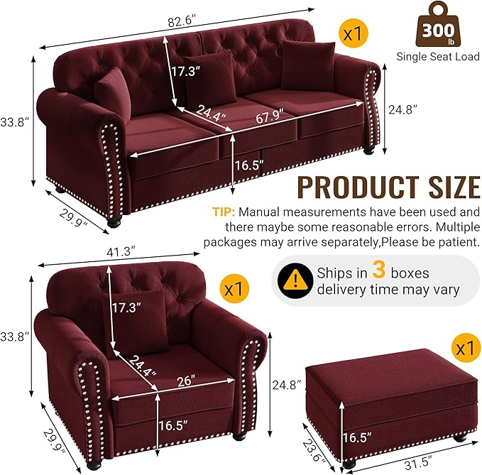 KEIKI 2-Piece Chesterfield Sofa Set with 1 Velvet 3-Seater Sofa & 1 Single Sofa, Upholstered 4-Seater Couch Set with Nailhead Trim & Rolled Arms & 1 Ottoman & 4 Pillow, for Living Room, Burgundy