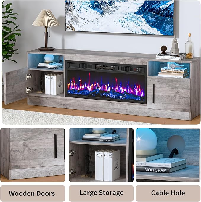 PRETZI Fireplace TV Stand with 36" Fireplace Up to 80" TVs, 70" Entertainment Center with LED Lights, Remote Control, TV Media Console with Storage Cabinets for Living Room, Gray - Image 6