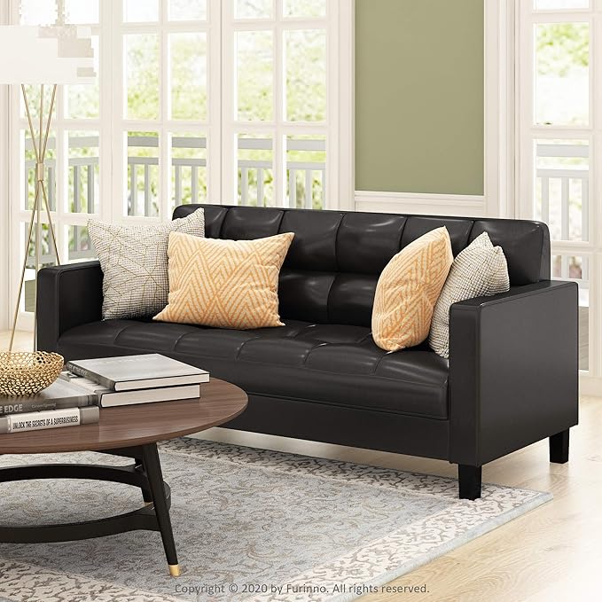 Furinno Brive Contemporary Tufted Faux Leather 3-Seater Sofa Couch for Living Room, Black Faux Leather