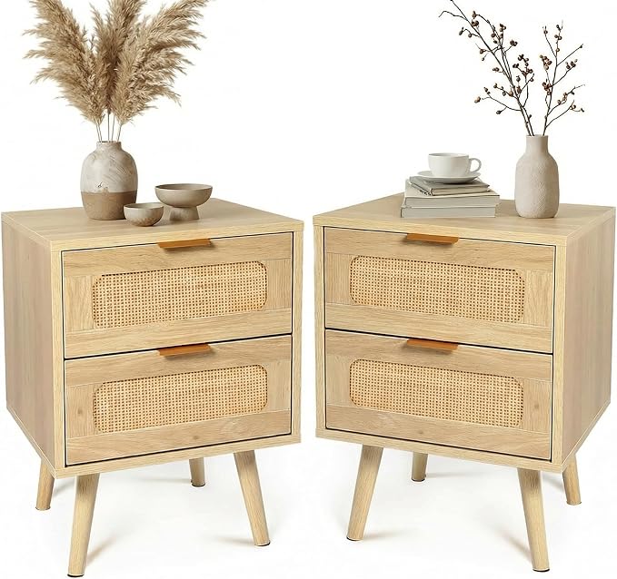 HOPUBUY Nightstands Set of 2 with Rattan Drawer, Modern Night Stand for Bedrooms, Wooden 2 Drawer Bedside Table Side Table for Small Place and Bedroom (Oak, 2 Drawers 2 Pack) by HOPUBUY