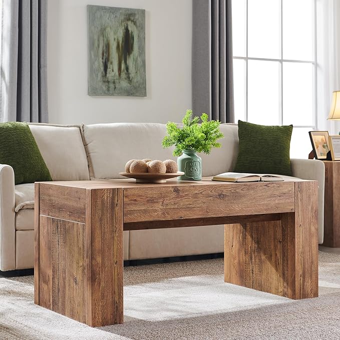 OKD 48" Modern Farmhouse Coffee Table, Wooden Living Room Table with Hidden Storage Drawer, Rustic Rectangular Center Tables w/Wood Thick Design for Living Room, Office, Gold Rustic Brown