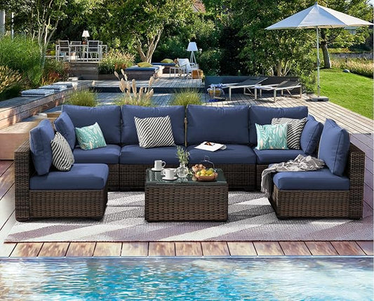 7 Pieces Patio Furniture Set, Rattan Outdoor Sectional Conversation Sets, All Weather Outdoor Furniture Set with Cushions for Garden Lawn Balcony Porch Deck Blue