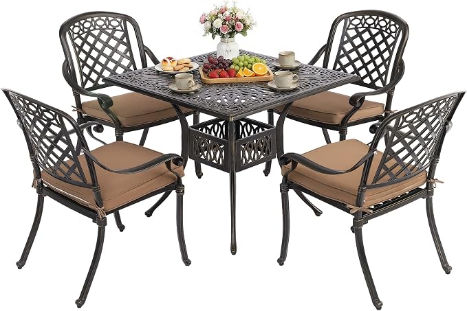 5-Piece Cast Aluminum Outdoor Patio Dining Set, All Weather Cast Aluminum Outdoor Furniture Dining Set for Patio, Balcony, Lawn, Garden, Backyard w/4 Chairs and Cushions, 2.0" Umbrella Hole by Sumshadow