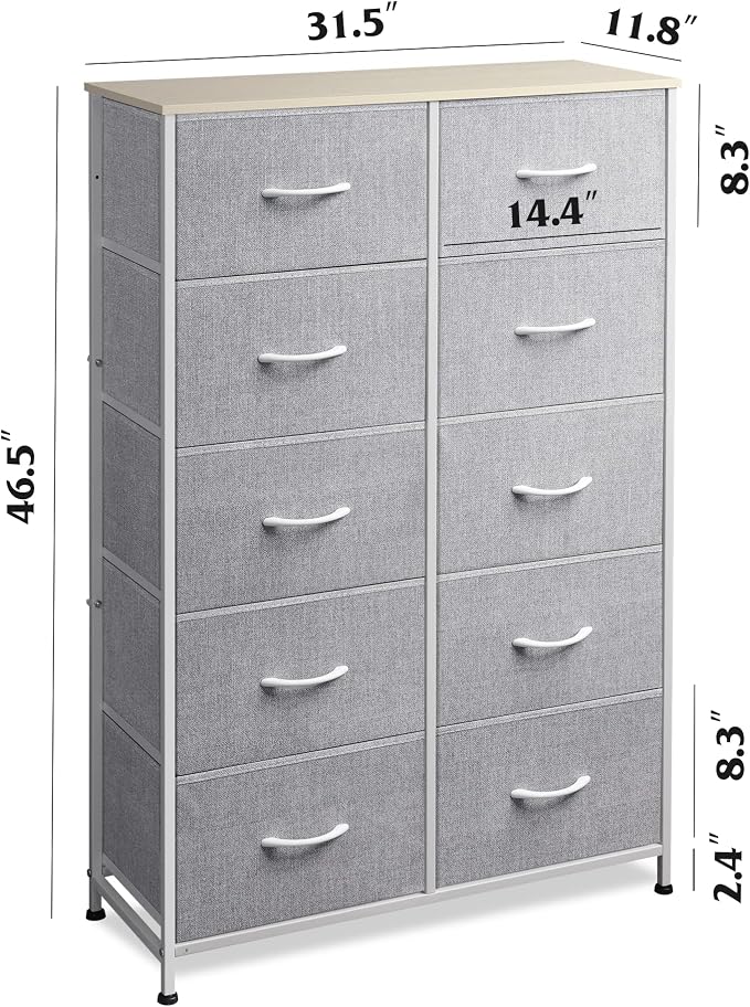 WLIVE Tall Dressers for Bedroom with 10 Drawers, Chest of Drawers, Dresser for Closet, Hallway, Living Room, Entryway, Light Grey - Image 3