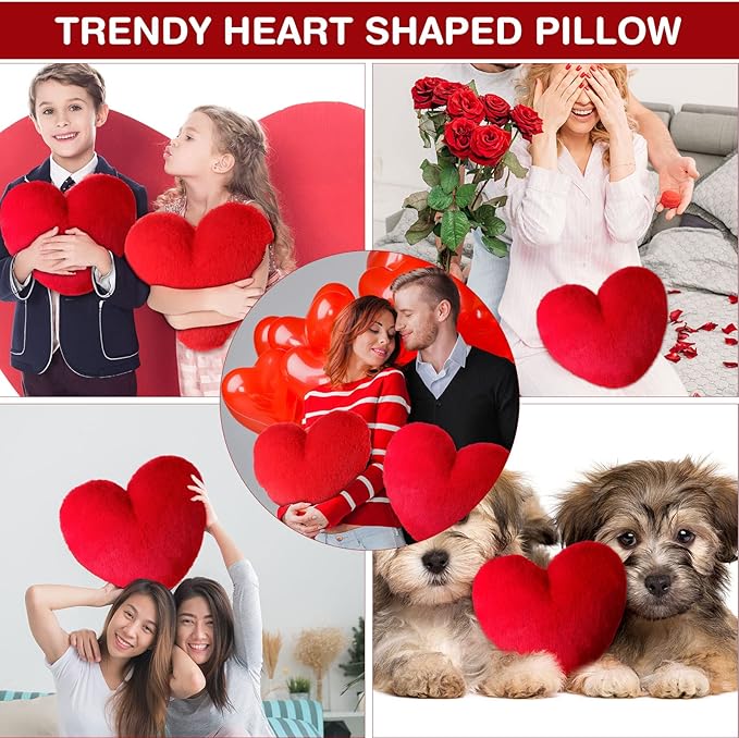 Marsui 2 Pcs Heart Throw Pillows, Soft Fluffy Faux Fur Decorative Hearts Shaped Pillows for Living Room Sofa Bed, Cute Heart Themed Gift for Women(Red,11.81 x 11.02 Inch)