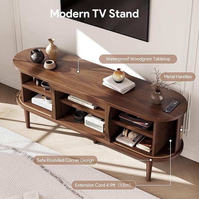 Decofy Mid Century TV Stand for TVs up to 65 Inches, Entertainment Center with Storage, Power Outlet, Fluted Sliding Doors & Adjustable Shelves, Modern Media TV Console Table for Living Room (Walnut) - Image 6