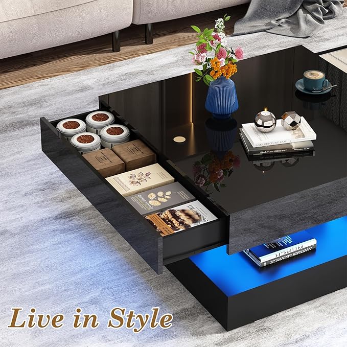 33.9" LED Coffee Table with Storage, Modern High Glossy Living Room Table w/2 Drawers,Double-Layer Design Large Square Center Table for Living Room, Home, Office, Black