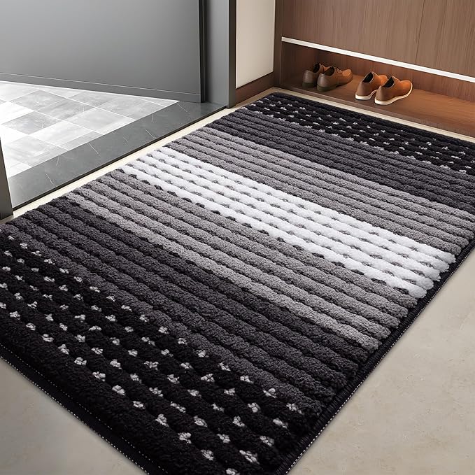 Kitinjoy Indoor Outdoor Door Mat, 40x32 Non-Slip Absorbent Dirt Trapper, Low-Profile Washable Inside Entrance Front Floor Mat, Sturdy Soft Entry Dotted Ombre Doormats for Entryway, Black by Kitinjoy