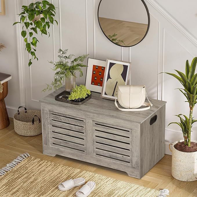 DINZI LVJ Storage Chest, Flip-Top Wooden Toy Box with 2 Safety Hinges, Retro Entryway Shoe Bench, Sturdy Large Storage Trunk for Living Room, Bedroom, Toddler Room, Easy Assembly, Gray Wash - Image 2
