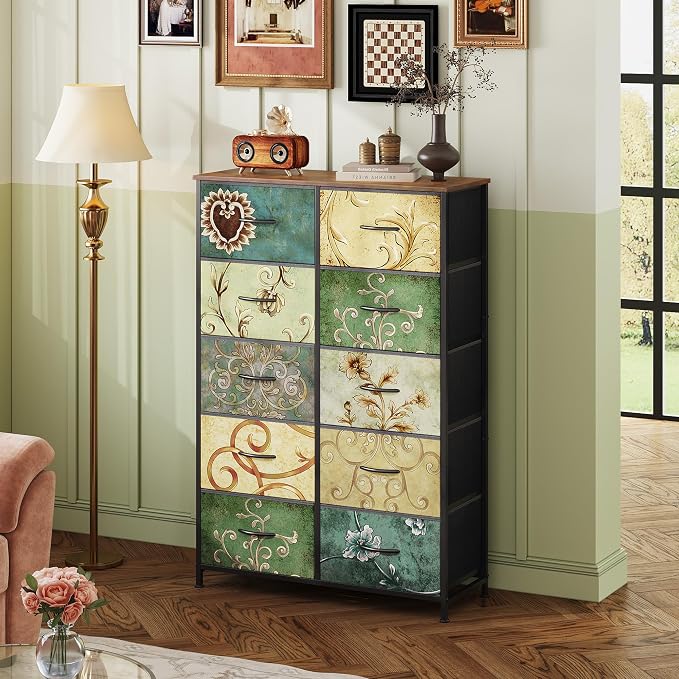 WLIVE Tall Dresser for Bedroom with 10 Drawers, Chest of Drawers, Fabric Dresser for Closet, Hallway, Living Room, Entryway, Floral Painted - Image 2