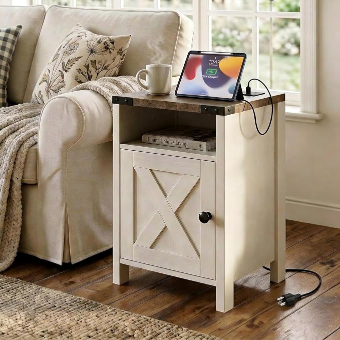 Vabches Farmhouse Nightstands Set of 2 with Barn Door, End Table with Charging Station, Rustic Bedside Table with Storage and Open Compartment for Bedroom, White - Image 2