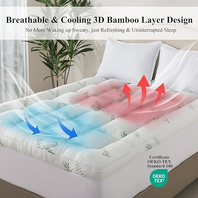 ELNIDO QUEEN® 3 Inch Memory Foam Mattress Topper Twin Size - Cooling Breathable Bamboo Viscose Pillow Top for Hot Sleepers, 1700 GSM Fill, Ultra Soft Mattress Pad for Back Pain Relief, 3"x39"x75"