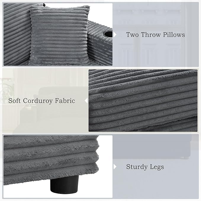 86.5" Oversized Double Chaise Lounge Indoor Corduroy Upholstered Sofa Bed , Deep Seat Lounger Loveseat Recliner Daybed with Dual USB Ports , Two Cup Holders and Throw Pillows for Living Room Bedroom
