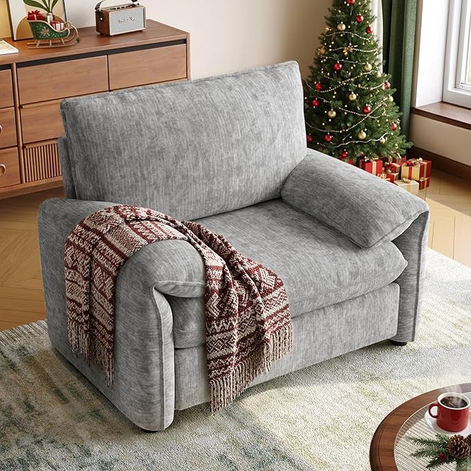 ONBRILL Oversized Accent Chair, 41 Inch Chenille Fabric Armchair, Comfy Single Sofa Chair with Padded Arms, Pocket Spring Cushion, Modern Reading Chair for Living Room, Bedroom, Grey