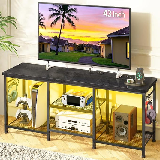 YGEOMER Black Entertainment Stand for Up to 55 Inch TVs, Tv Stand with Outlet Led Lights Open Storage Shelves, TV Consoles for Living Room, Bedroom by YGEOMER
