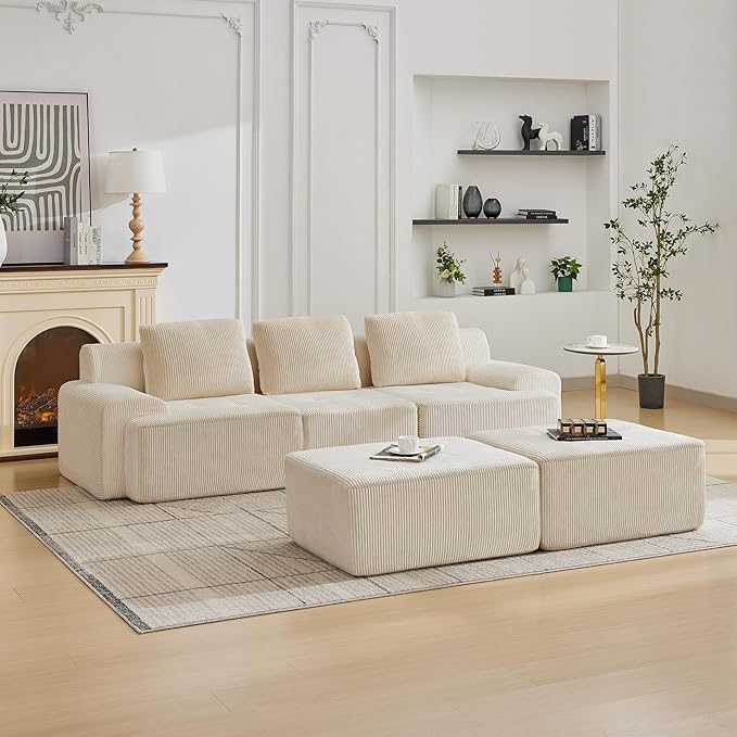 Modular Sectional Sofa with Movable Ottoman, 3 Seat Deep Seat Couch with 3 Pillows, Comfy Cloud Sectional Sofa for Living Room, Bedroom and Apartment (White, 1 Left+1 Right+1 Middle+2 Ottoman)