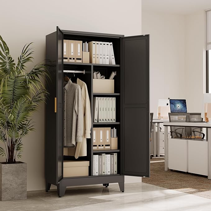 71" Tall Metal Armoire Wardrobe Closet, Clothing Storage Cabinet, Freestanding Wardrobe Cabinet with 4 Adjustable Shelves for Bedroom, Office, Garage