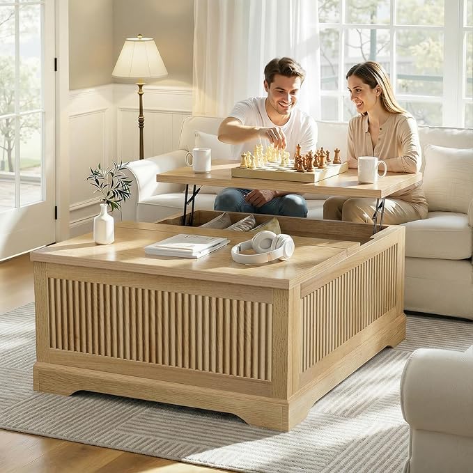 Lift Top Coffee Table with Storage,Fluted Coffee Tables with Lifting Top,Modern Farmhouse Square Center Table for Living Room, Home Office, with Hidden Compartment, Flip-Up Lids, Natural Oak