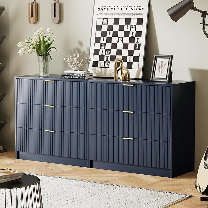 Furniway Navy Blue Dresser Bedroom Set 3 Pieces, Nightstands Sets of 2, 5 Drawer Dresser with Gold Handles for Bedroom