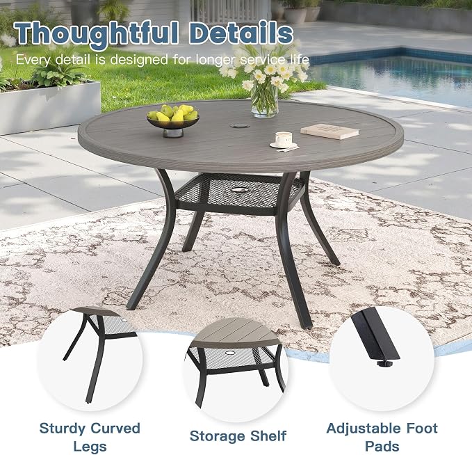 DIFY 7 Pieces Outdoor Patio Dining Set for 6, 47.2" Grey Wood-Like Round Metal Dining Table and 6 Sandshell Stackable Textilene Patio Chairs, Outdoor Table and Chairs for Backyard Garden Poolside - Image 2