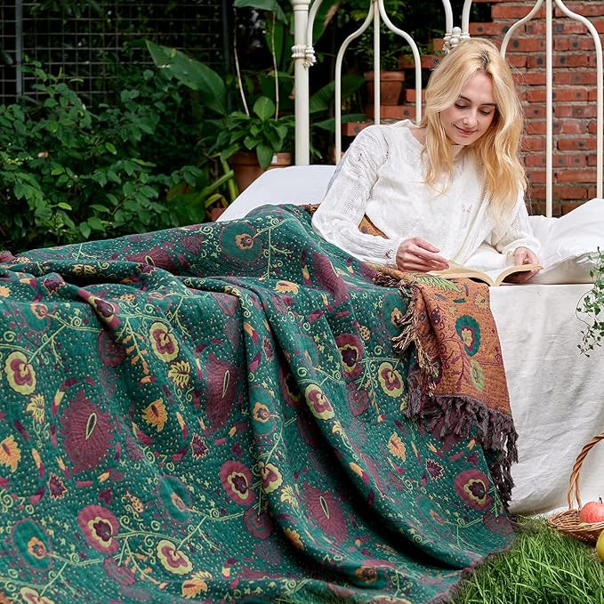 Boho Throw Blanket for Bed 100% Cotton Soft Lightweight Quilt Home Decor Breathable Spring Bed Blanket,Floral Embroidery Reversible All Season Blankets for Sofa Couch Chair 90"x98"