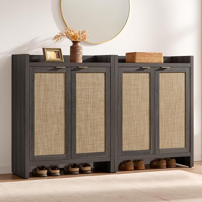 SICOTAS Shoe Cabinet Set of 2, Large Capacity Shoe Storage Organizer Cabinet, Tall Rattan Shoe Cabinet with Doors and Shelves, 6-Tier Farmhouse Boho Wooden Storage Cabinet for Entryway, Black Oak by SICOTAS
