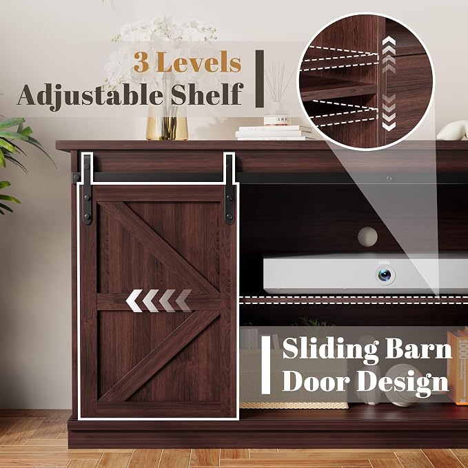 YESHOMY Farmhouse TV Stand for Televisions up to 65 Inch, Wood Entertainment Center with Sliding Barn Doors and 4 Storage Drawers, 58’’ Media Console Cabinet with Shelves for Living Room, Espresso - Image 5