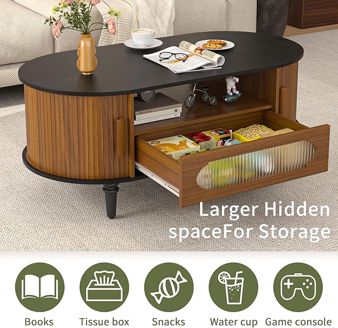 Fluted Round Coffee Table with Storage, Modern Oval Coffee Table with Drawer, Sliding Door, Low Small Center Tables for Living Room, Wooden Boho, Mid Century, Unique, Black and Walnut