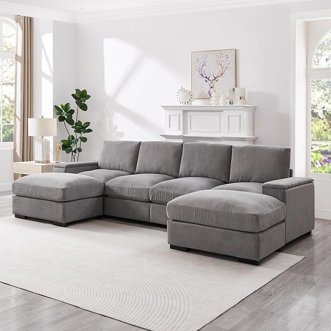 122" Oversized Modular Sectional Sofa Cloud Couch with 2 Ottomans, Comfy Corduroy Upholstered Deep Seat Large U Shaped Lounge Sofa&Couches with Hidden Arm Storage Box