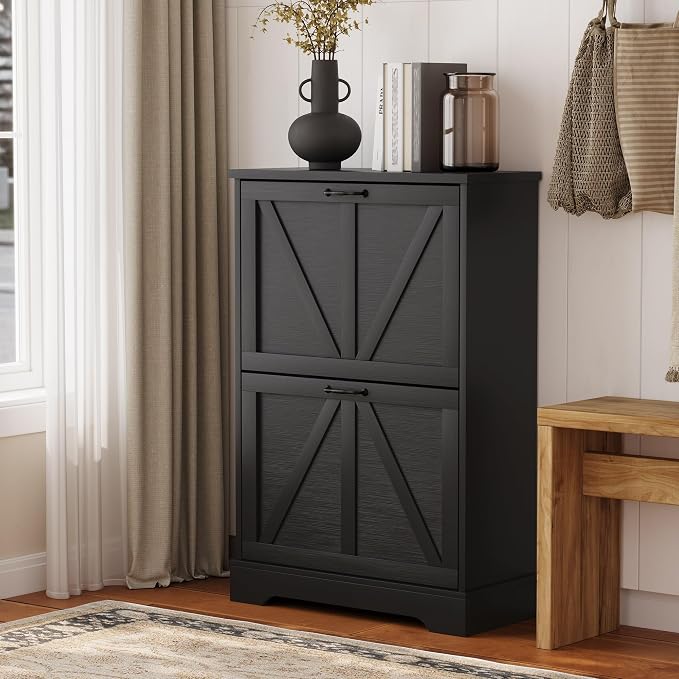 Semiocthome Farmhouse Shoe Storage Cabinet with 2 Flip Drawers, 23.6"(W) Freestanding Shoe Organizer with Barn Door and Metal Handles for Entryway, Corner Rustic Narrow Shoe Rack Cabinet - Black by Semiocthome